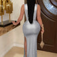 Silky Sexy Dress Women Sleeveless Waistless Metal Button Ribbon Ruched Side Split Party Midnight Club Wedding Bodycon