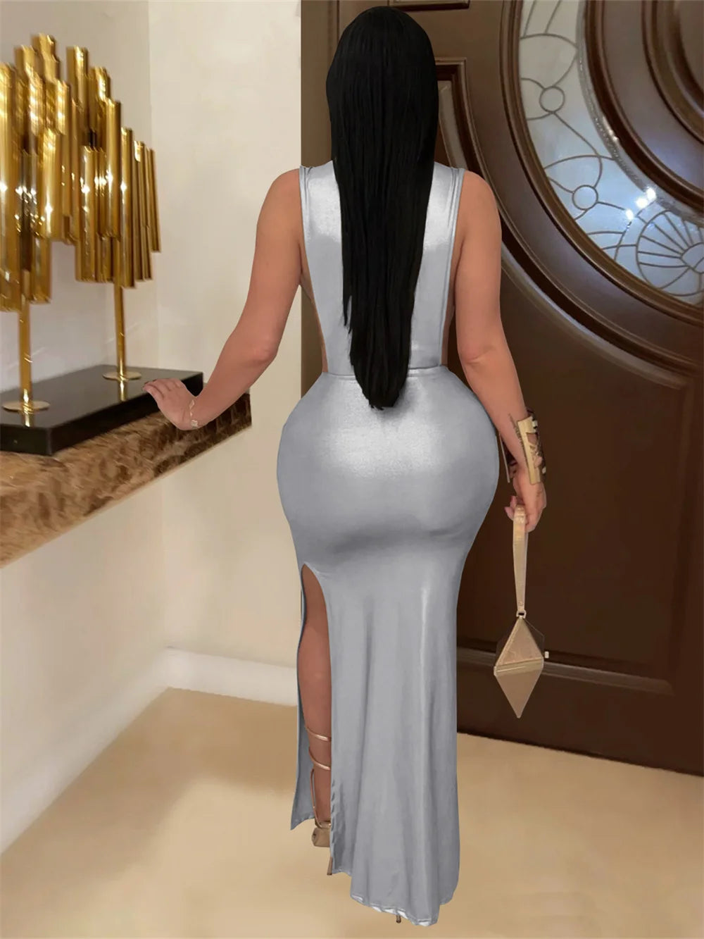 Silky Sexy Dress Women Sleeveless Waistless Metal Button Ribbon Ruched Side Split Party Midnight Club Wedding Bodycon