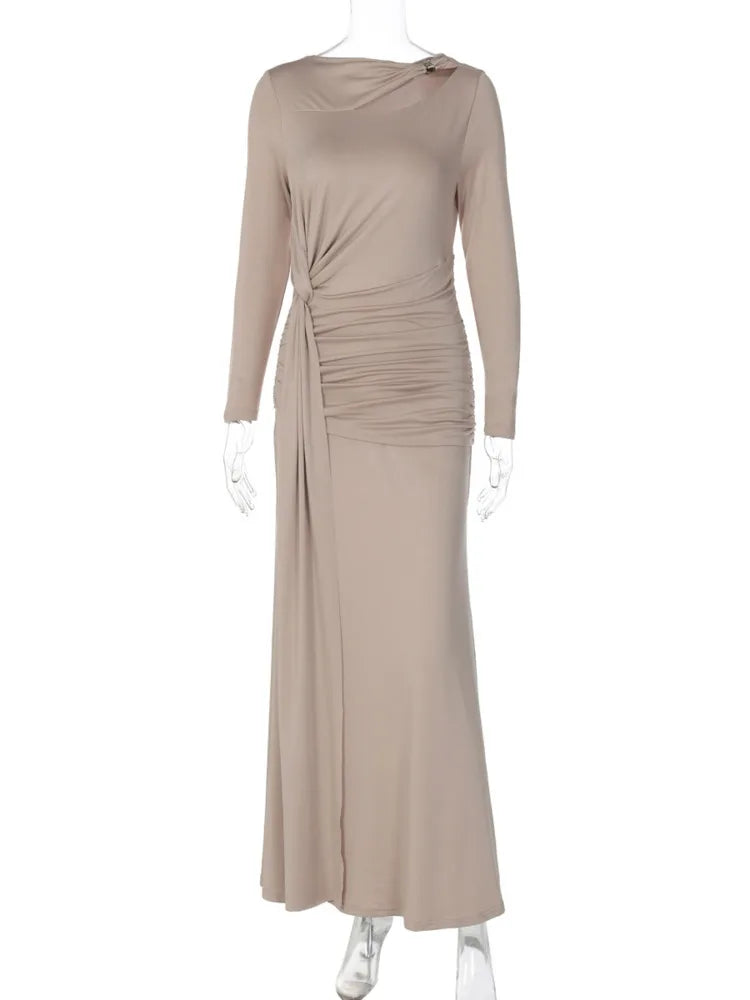 Long Sleeve Ruched Sexy Maxi Dress Women Autumn Winter Fashion O Neck High Waist Bodycon Club Party Long Dress Elegant
