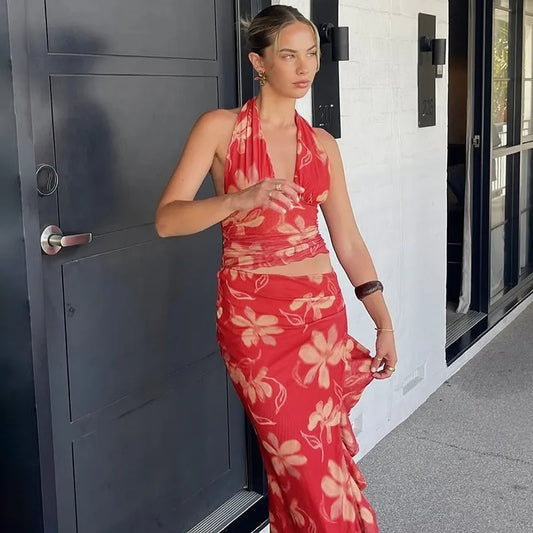 Red Floral Dress Beach Woman Summer Vacation Outfits Deep V Cutout Backless Split Long Dresses Elegant Sexy
