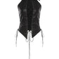 Sexy 2-Piece Set Women Cross Bandage Hollow Lapel Vest+Patchwork Sequin Irregular Folds Tassel Skirt Midnight Suit