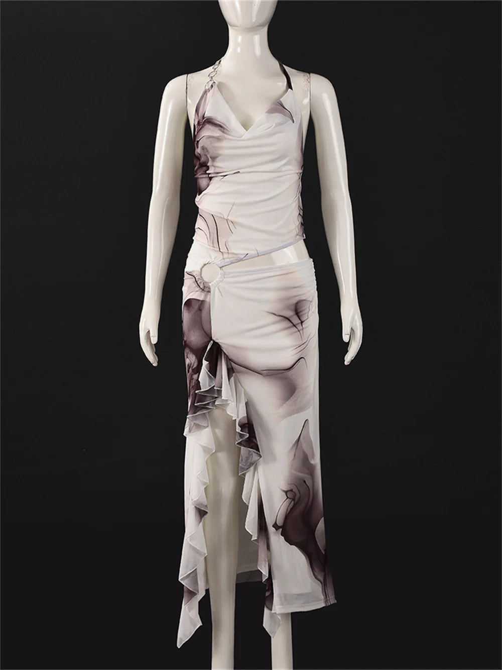 Tie Dye Print Dress Women Halter Sexy Hollow Backless Waistless Split Ruffle Trim Vacation Party Birthday Vestidos