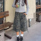 Women Camo Print Cargo Capri Shorts Y2K Baggy Wide Leg Multi Pockets Drawstring Hem Loose Streetwear Casual Bottoms