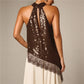 Women Halter Neck Sequin Lace Tank Top Sleeveless Asymmetrical Hanky Hem Back Keyhole Cutout Party Club Blouse Tops