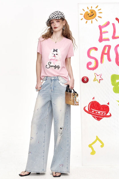 Pink Crew Neck Cute Dog with Bow Leopard Print Text Short Sleeve T-Shirt for Women