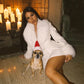 Blazer Mini Dress with Faux Fur Collar and Cuffs Elegant Deep V Neck Long Sleeve Mini Dresses White Black
