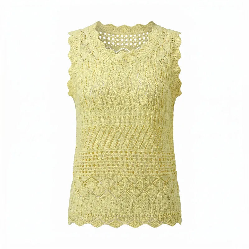 Women Hollow Out Knit Tank Top Sleeveless Scallop Trim Crochet Blouse Casual Summer Beach Aesthetic Streetwear Daily Top