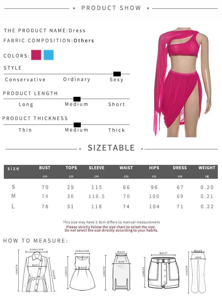 Y2K Sexy 2 Piece Set Women See Through Midnight Irregular Full Sleeve Crop Tops+Ruched Split Skirts Matching Clubwear