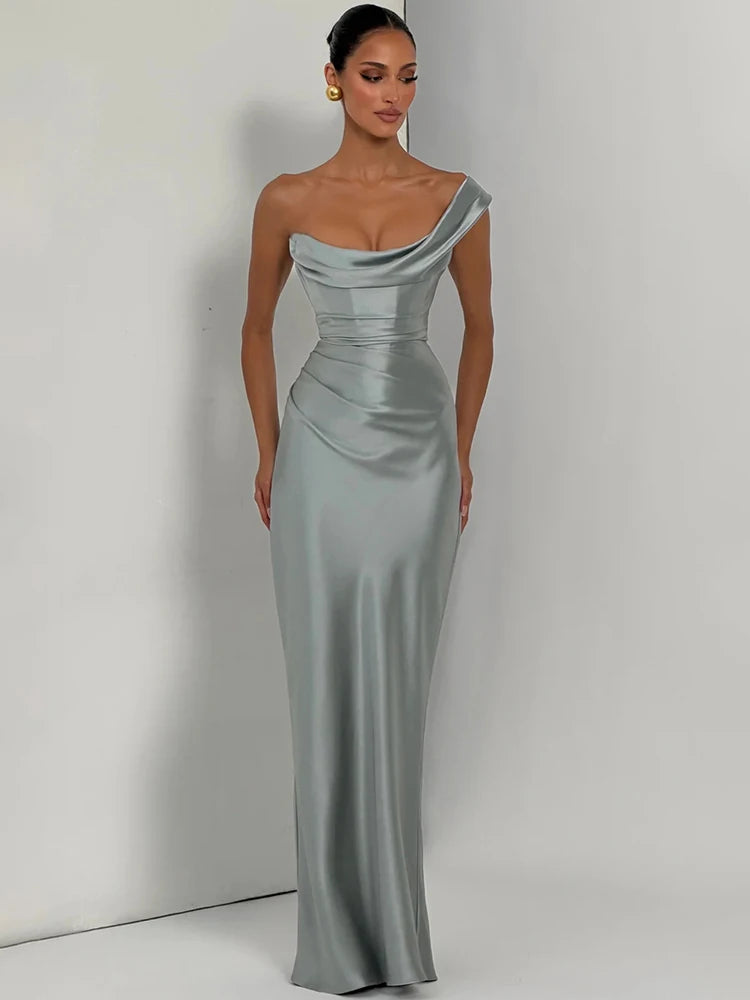 Elegant Satin One Shoulder Evening Dress Women Cowl Neck Sleeveless Bodycon Maxi Dress 2026 Spring Summer Party Gowns