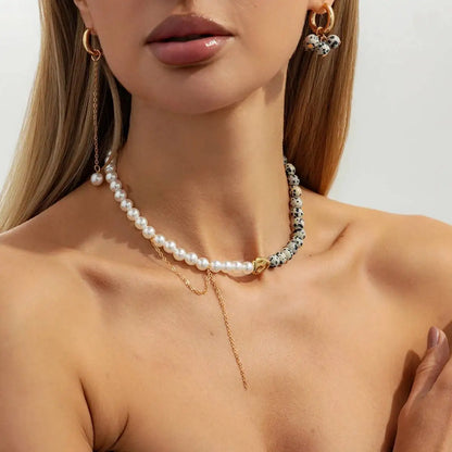 Retro Adjustable Metal Chain Choker Necklace with Imitation Pearls CCB Beads Women's Jewelry Set with Stud Earrings