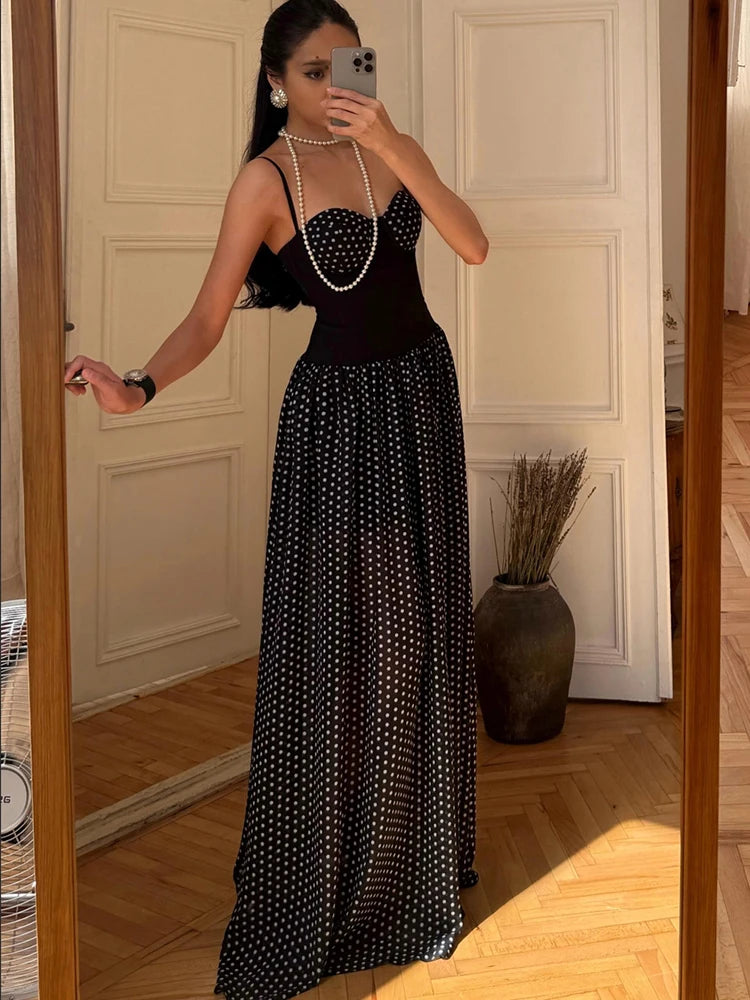 Elegant Party Sling Dress+Scarf Woman Low-Neck Backless Polka Dot Print Sleeveless Mesh Patchwork Hem Ruched Vestidos