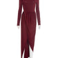 Long Sleeve Thigh High Split Sexy Maxi Dress Women Gown Elegant O Neck Draped Ruched Bodycon Club Party Long Dresses