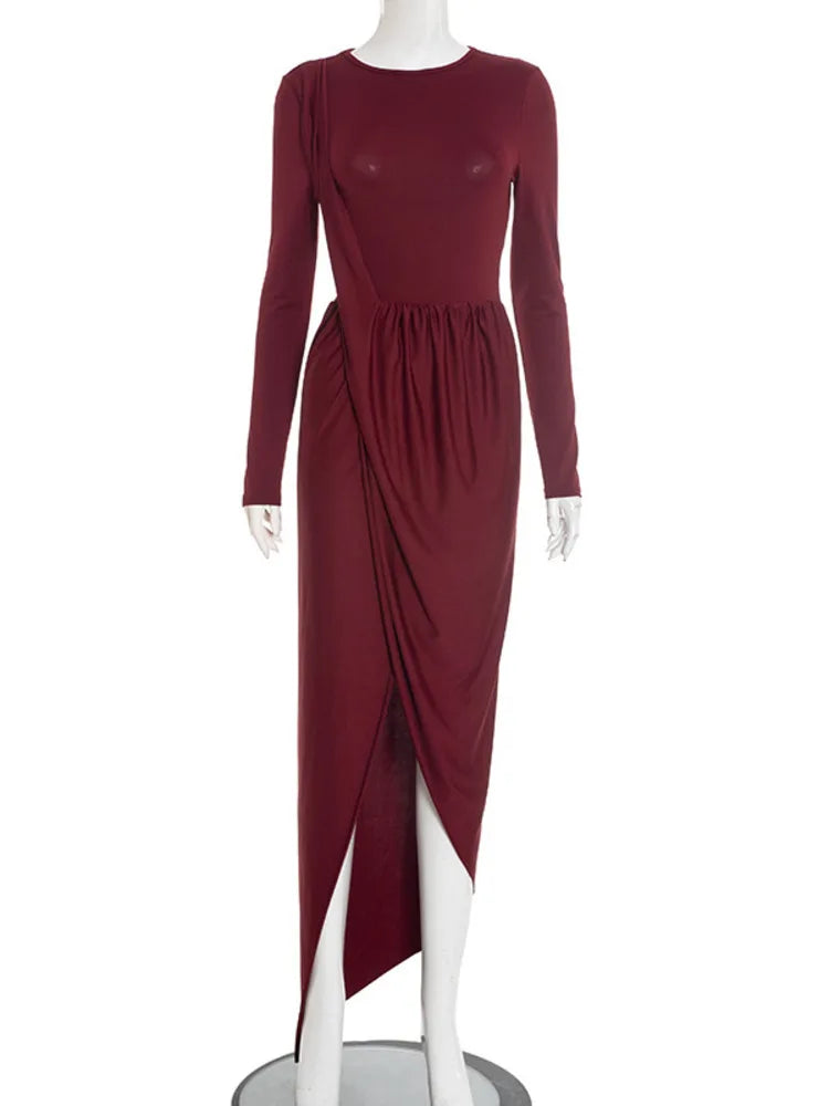 Long Sleeve Thigh High Split Sexy Maxi Dress Women Gown Elegant O Neck Draped Ruched Bodycon Club Party Long Dresses