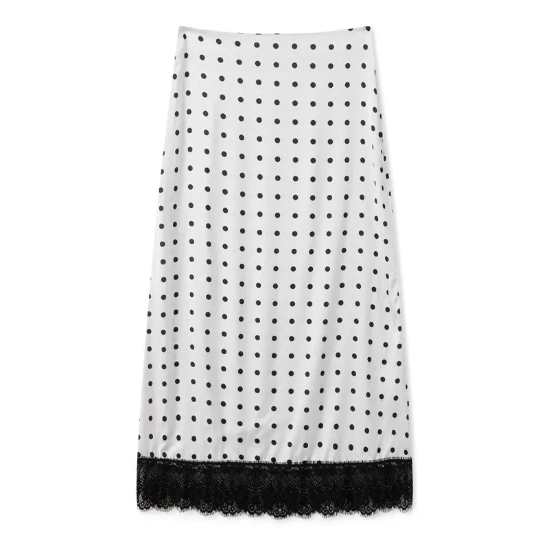 Women Elegant Lace Satin Spliced Midi Skirts Sexy Dots Print High Waist Retro Casual Straight Midi Skirts Y2K Streetwear