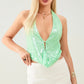 Sequin Halter Top for Women Sexy Sleeveless Deep V Neck Backless Glitter Tank Top Night Out Party Rave Outfits