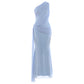 Mesh Tassel Maxi Dress Women Slanted Shoulder Folds Solid Elegant Birthday Party Vacation Summer Fashion Vestidos
