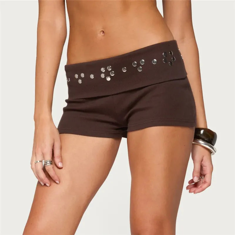 Women Low Waist Ribbed Mini Shorts Fold Waist Metal Rivet Studded Decor Slim Bodycon Hot Pants Street Clubwear Shorts