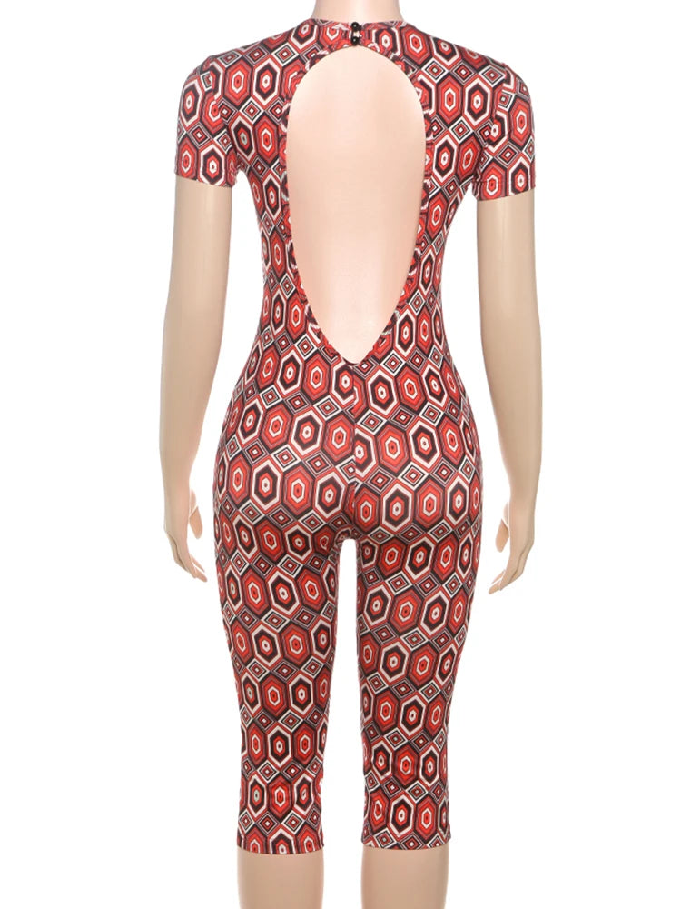 Backless Romper Women Fitness Tight Stretch Colorful Print Summer O-Neck Short Sleeve Slim Activity Workout Playsuits