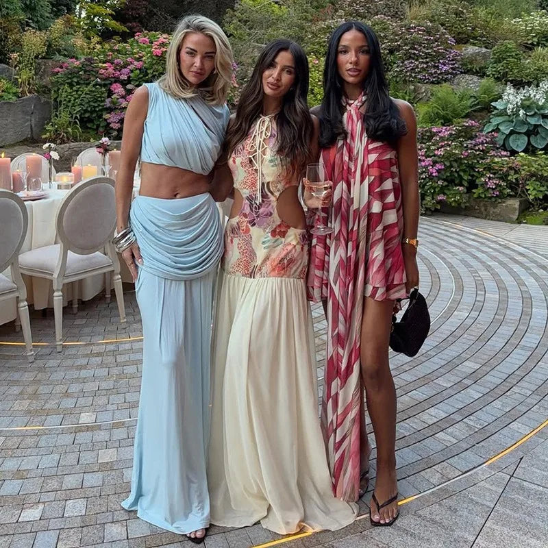 Floral Print Patchwork Sleeveless Maxi Dresses with Cut Out Elegant Party Dress Woman for Birthday Pictures