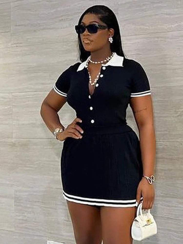 Contrast Patchwork 2 Piece Set Women Polo-Neck Single-Breasted Tops+Ruched Ruffles Skirts Young Style Street Outfits