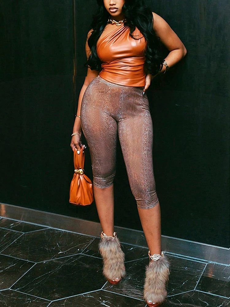 Fashion 2Piece Set Woman PU Leather Skew Collar Backless Tank Tops+Skinny Wrap Hip Crop Pants High Street Style Suit