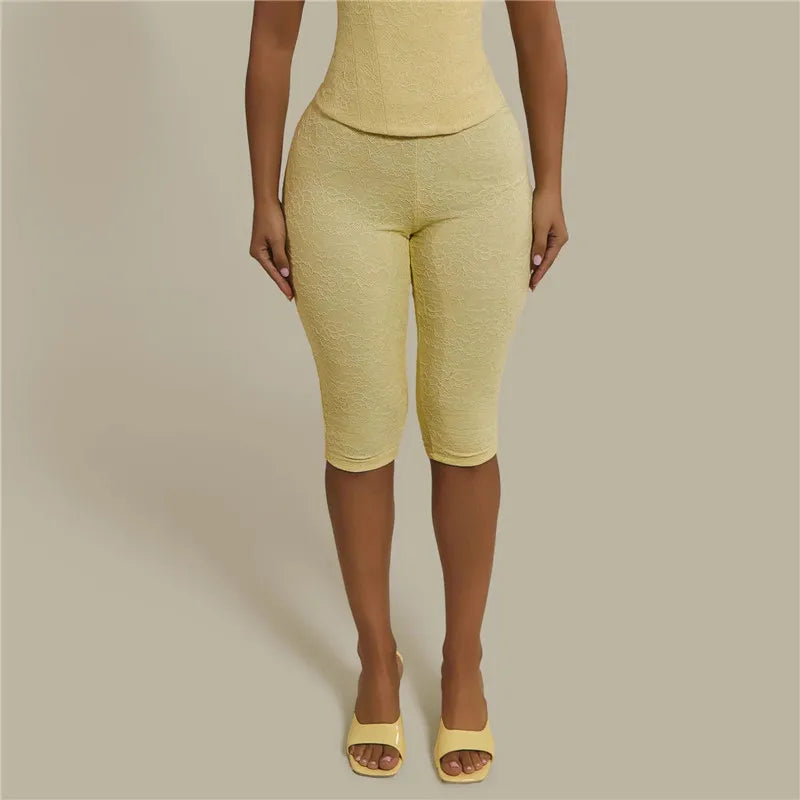 Elegant Women Floral Embossed Lace Capri Leggings High Waist Slim Stretch Knee Cropped Pants Solid Daily Casual Bottoms