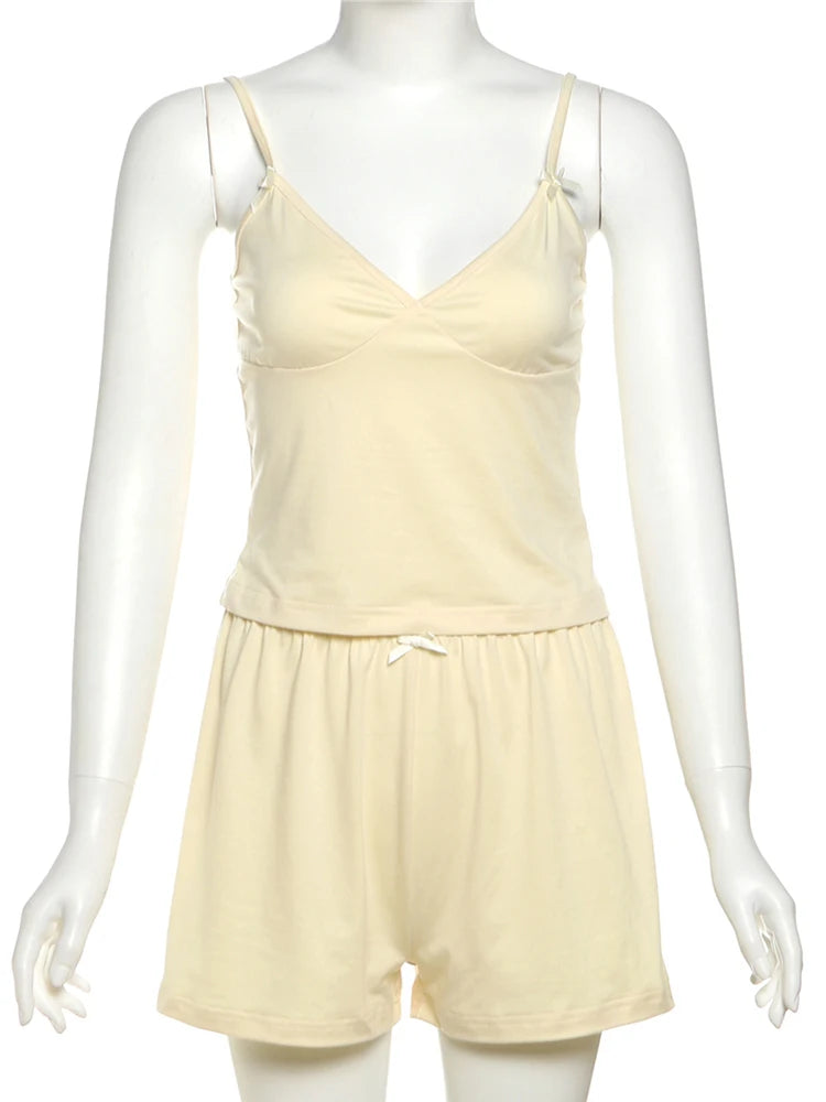 Low Chest Camisole+Shorts Chic Sporty Streetwear Women Trend Simple 2-Piece Set Trend Fashion Bow Appliques Hottie Suits