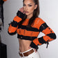 Y2K Punk Distressed Striped Crop Knit Sweater Women Cross Lace Up Side Long Sleeve Ripped Hole Gothic Streetwear Top