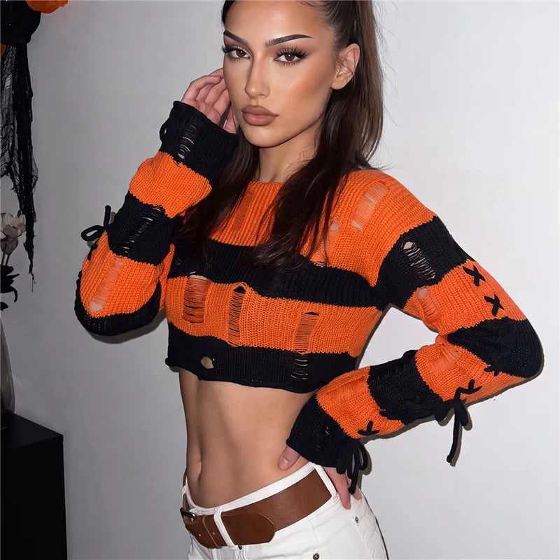 Y2K Punk Distressed Striped Crop Knit Sweater Women Cross Lace Up Side Long Sleeve Ripped Hole Gothic Streetwear Top
