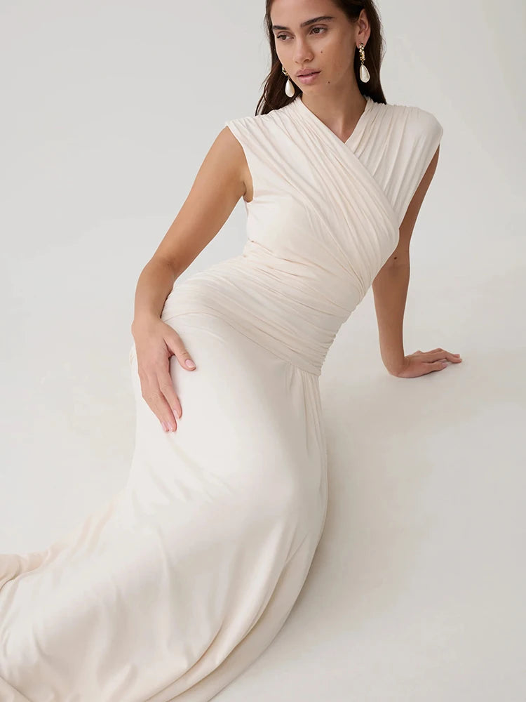 Women V Neck Cap Sleeve Maxi Dress Wrap Ruched Waist Draped Flowy Long Dress Wedding Guest Evening Party Formal Gown