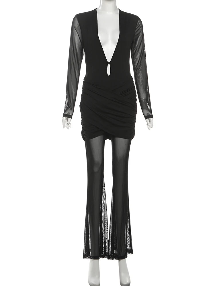 Peach Buttock Jumpsuits Women Patchwork Mesh Deep v-Neck Folds Flared Pant Leg Fit Sexy Fashion Midnight Classic Outfits