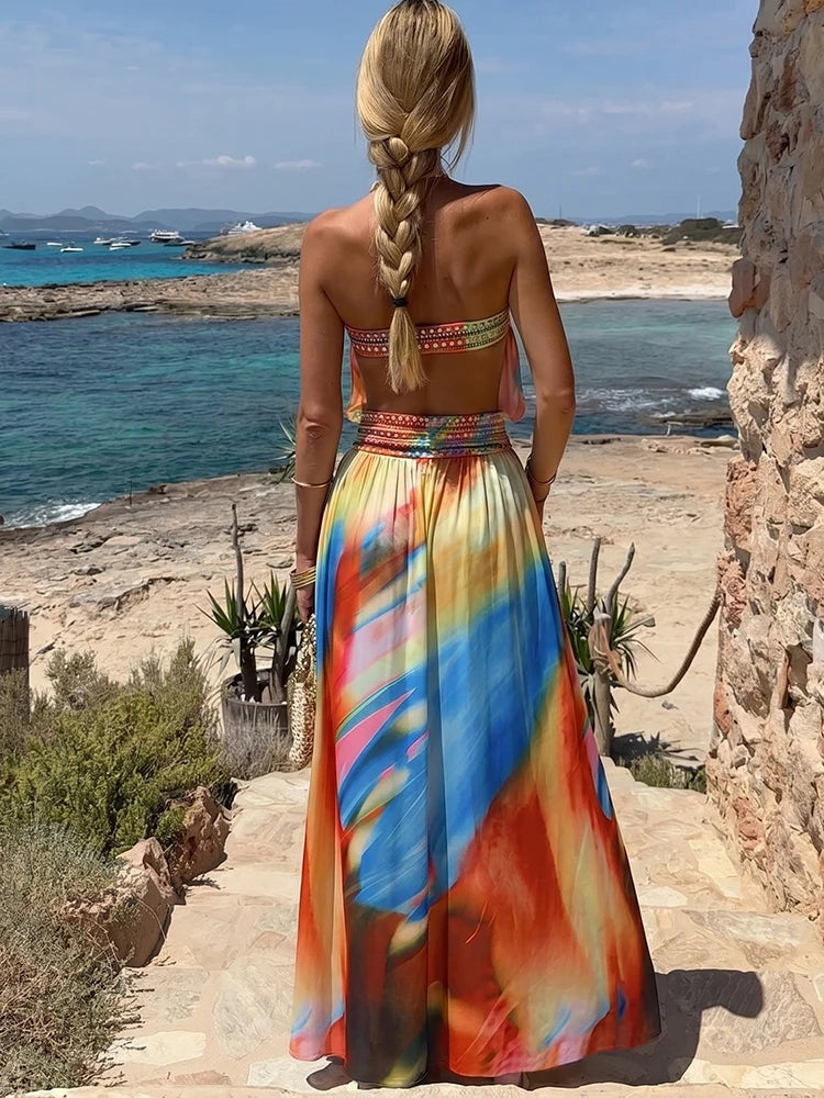 Colorful Print Dress Woman Sexy Wrap Chest Backless High Splits Summer Holiday Beach Party Elegant Style Long Bodycon