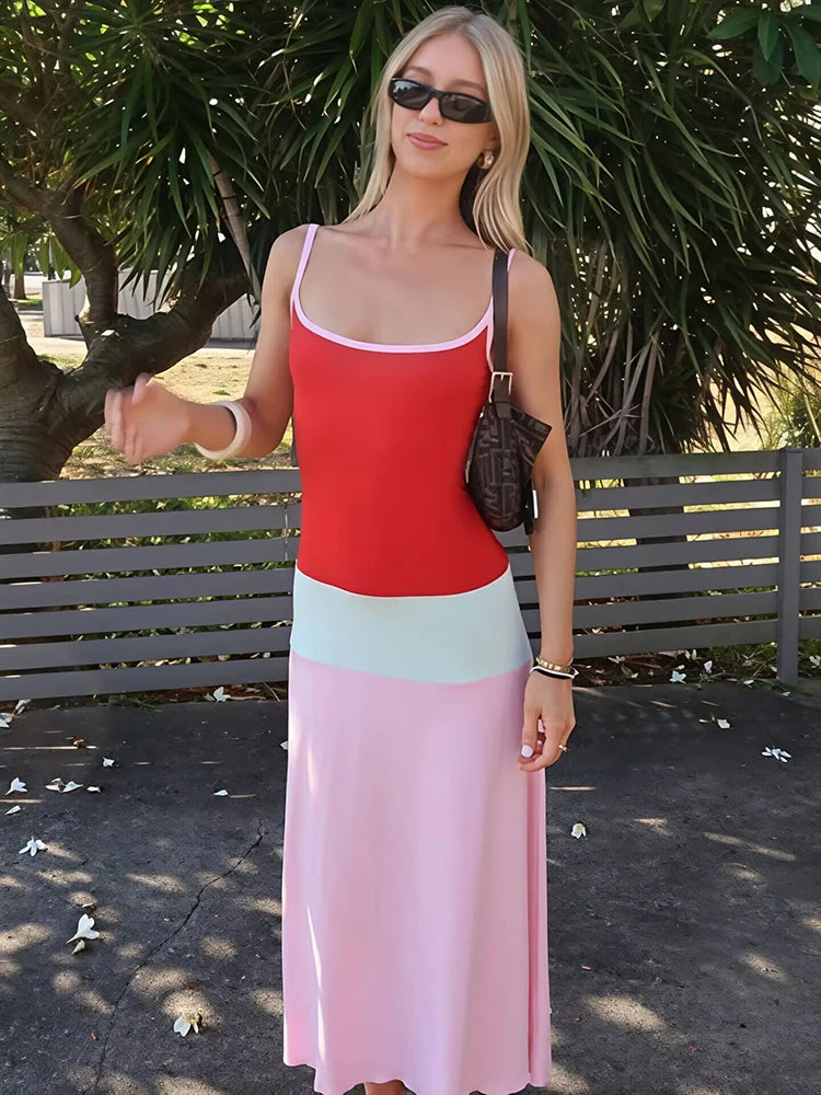 Color Blocked Sexy Midi Dress For Women 2026 Summer Spaghetti Strap Sleeveless Backless Slim Fit Vacation Club Dress