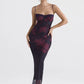 Purple Print Sexy Long Fishtail Dress For Women Robe New Spaghetti Strap Sleeveless Backless Ruched Maxi Dress Vestidos