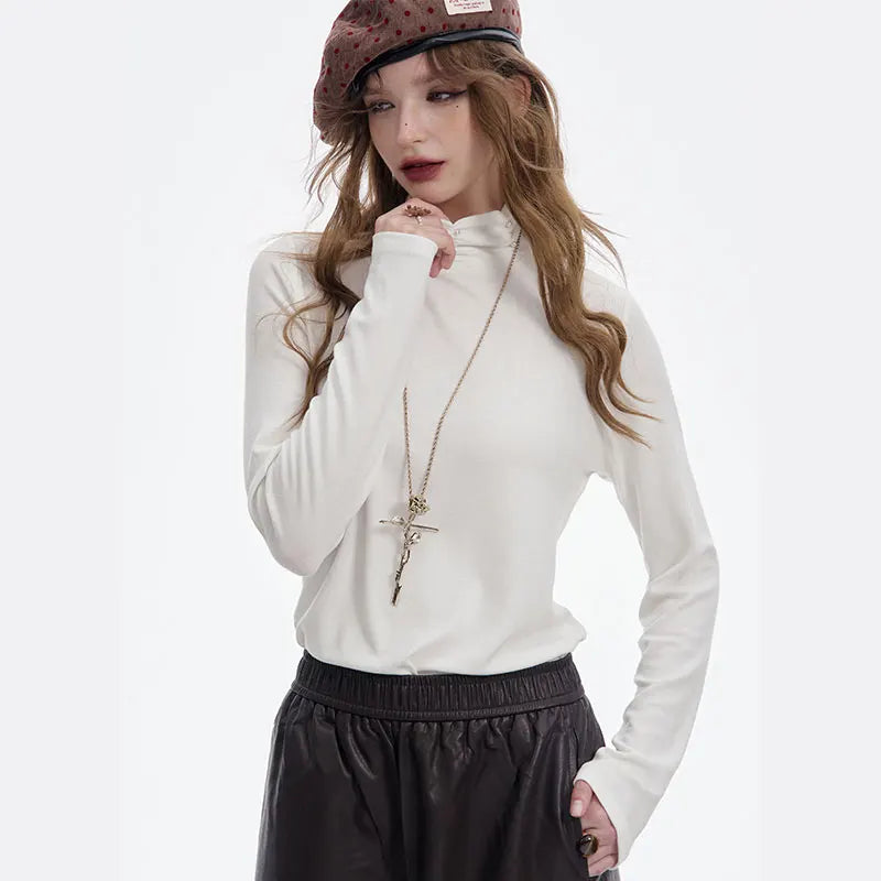 2025 Winter New Arrivals Y2K Solid High Neck Pearl Fit Long Sleeve Tshirt For Women