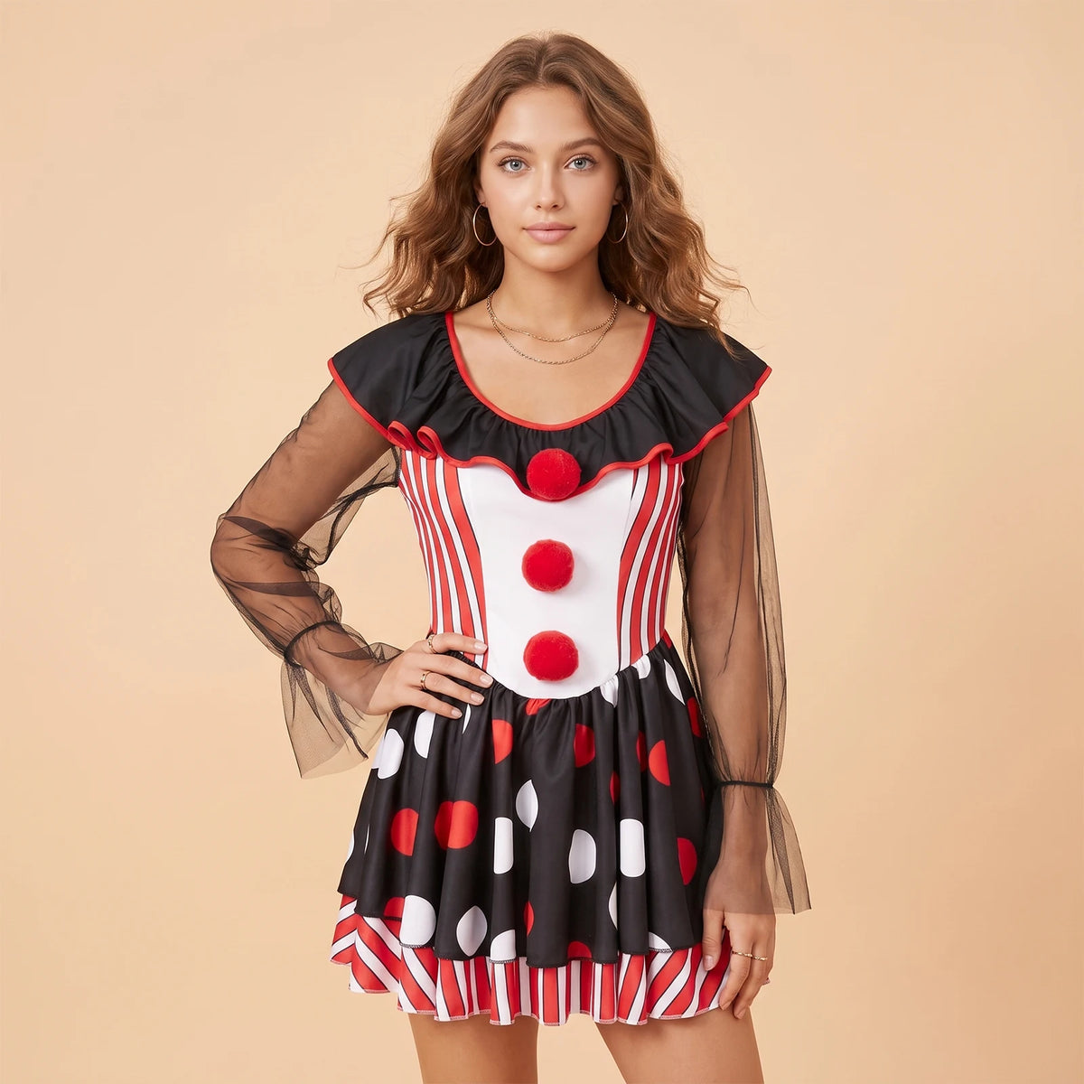 Clown Cosplay Dress Women Mesh Long Sleeve Ruffle Neck Stripe Polka Dot A Line Short Dress Party Club Costume
