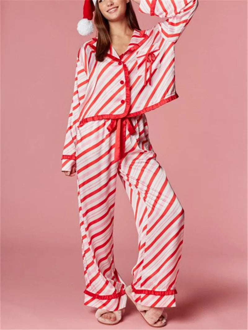 Holiday Xmas Stripe Satin Pyjama Set Ruffle Edge Collar Long Sleeve Cropped Shirt Drawstring Pant Festive Sleep Outfit