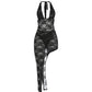 Sexy Fashion 2 Piece Set Woman Lace Patchwork Halter Low-Neck Backless Skinny Bodysuits+Irregular Mid Skirts Suits