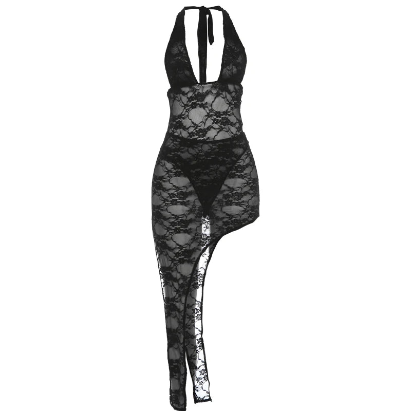 Sexy Fashion 2 Piece Set Woman Lace Patchwork Halter Low-Neck Backless Skinny Bodysuits+Irregular Mid Skirts Suits