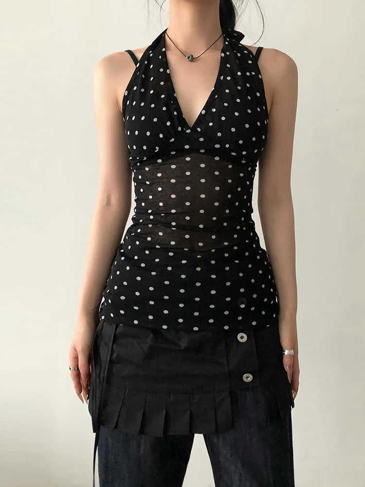 See Through Tank Tops Women V-Neck Halter Bandage Backless Polka Dot Print Street Sexy Daily Skinny Basic Wild Vest