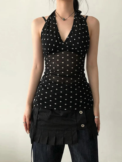 See Through Tank Tops Women V-Neck Halter Bandage Backless Polka Dot Print Street Sexy Daily Skinny Basic Wild Vest