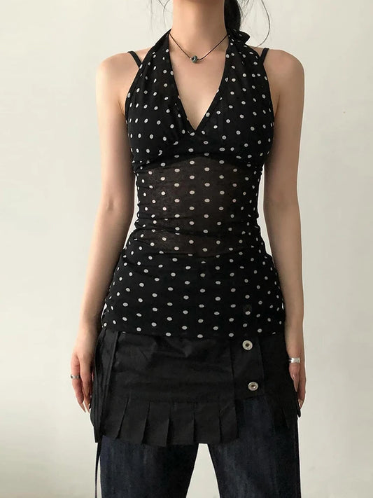 See Through Tank Tops Women V-Neck Halter Bandage Backless Polka Dot Print Street Sexy Daily Skinny Basic Wild Vest
