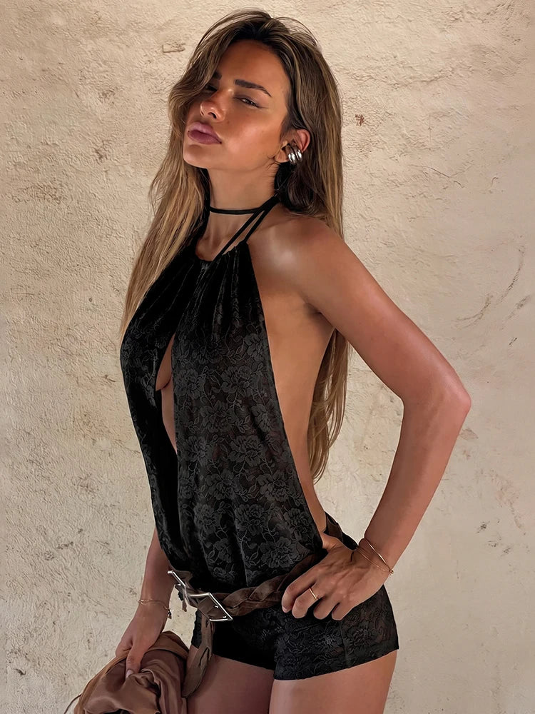 Sexy Hollow Design Playsuits Woman Lace-Up Halter Deep V-Neck Backless Skinny Wrap Hip Hot Girls Fashion Streetwear