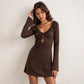 Flared Long Sleeve Mini Dresses Deep V Neck Front Tie Cutout Black Fitted Dress for Woman Clothing Fall 2026