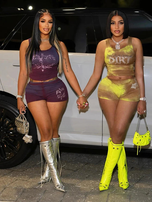 Rhinestones Letter 2 Piece Set Women Tracksuit Casual Ribbed Tank Tops+Bike Shorts Matching Skinny Street Outfits