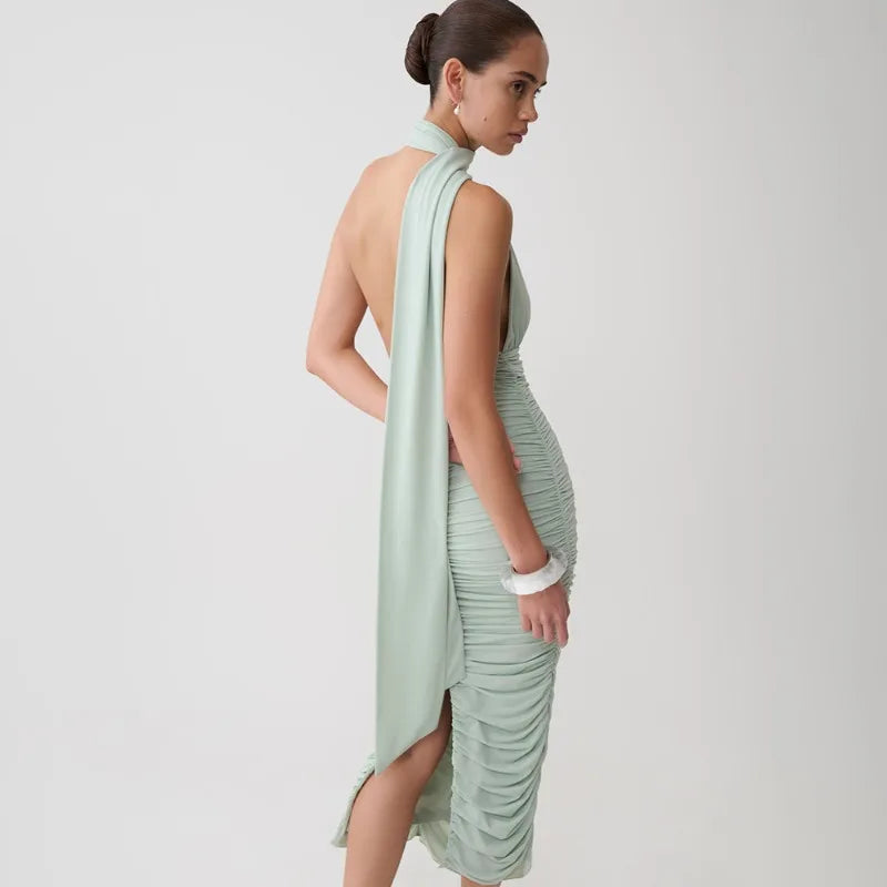 Draped Halter Neck Ruched Midi Dress Woman for Birthday Pictures Elegant Burgundy Party Dresses