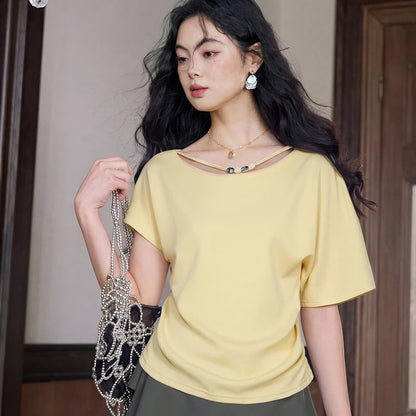 Cowl Neck Ruched T-shirt, Slim Fit Short Sleeve Tee, Casual Solid Color Summer Top for Women