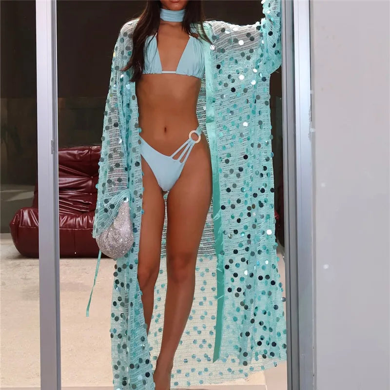 Sequin Mesh Shrug Cardigan Women Long Sleeve Open Front Sheer Sparkle Kimono Jacket Party Clubwear Night Out Outerwear