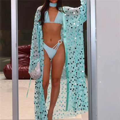 Sequin Mesh Shrug Cardigan Women Long Sleeve Open Front Sheer Sparkle Kimono Jacket Party Clubwear Night Out Outerwear
