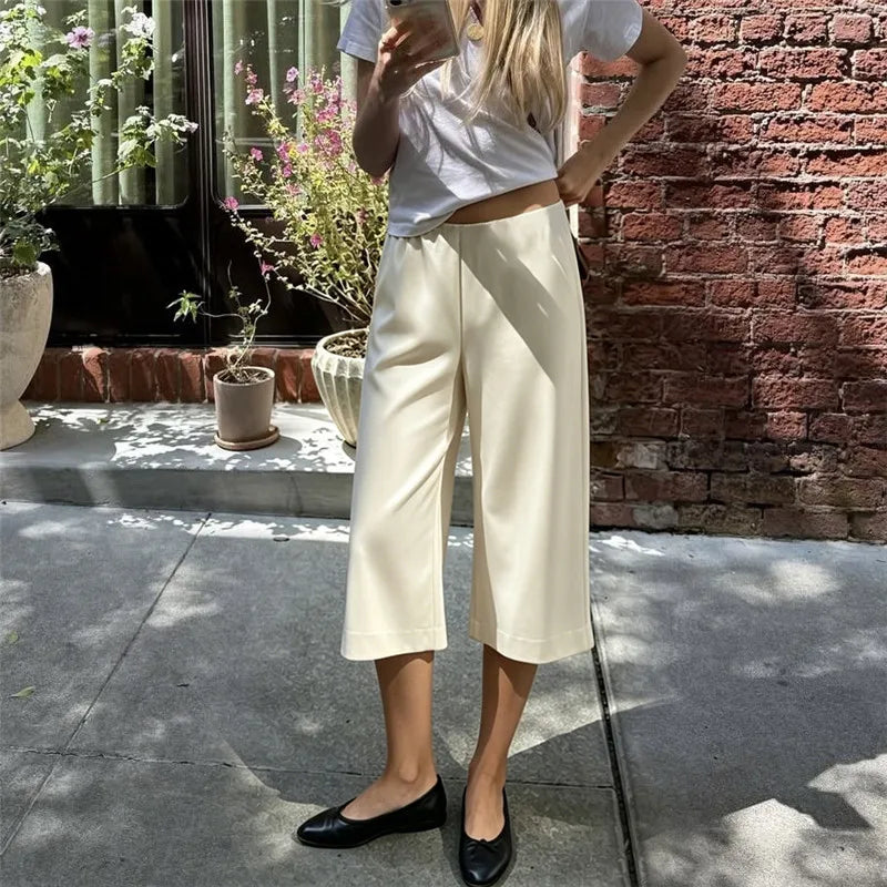 Silk Like Satin Capri Culottes Ladies High Rise Front Pleat Wide Leg Mid Calf Loose Draped Office Commuter Trousers